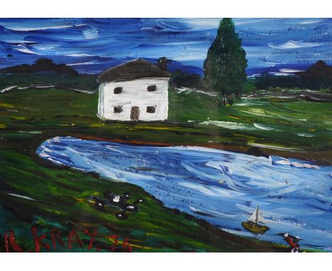Ronnie Kray (1933-1995) British. A Landscape, with a White Cottage, Oil on Board, Signed and Dated '76, Inscribed on Faded Pa