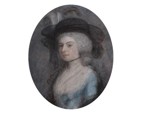 James Sharples (1751-1811) British. A Portrait of Miss Donaldson, Wearing a Blue Dress and a Black Hat, Pastel, Inscribed on 