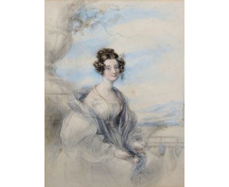 John Philip "Pope" Davis (1784-1862) British. Portrait of 'The Hon. Jane Powys', Seated on a Terrace, Watercolour and Pencil,