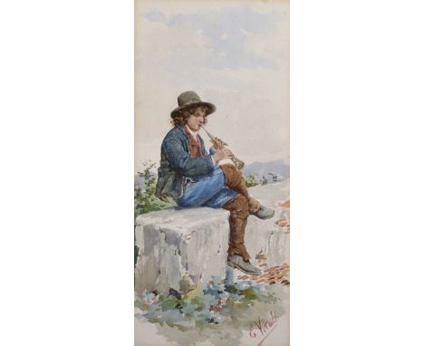 Eduard Vitali (19th - 20th Century) Italian. A Young Italian Boy Playing a Flute, Watercolour, Signed, 13" x 6", and the comp