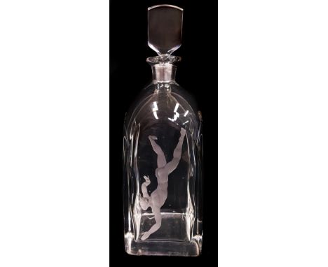 Vicke Lindstrand for Orrefors glass Sweden, a Nude Diver pattern decanter and stopper, rectangular section with polished slop