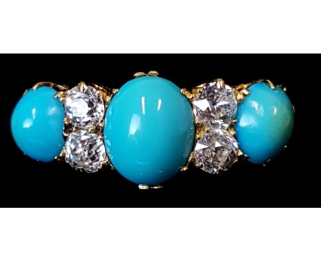 An antique turquoise and diamond seven stone diamond and yellow gold ring, mounted to the front with three oval cabouchon tur