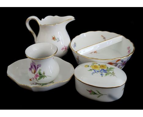 A group of Meissen porcelain, decorated in deutsche Blumen, comprising oval trinket box and cover; quatrefoil pin tray; small