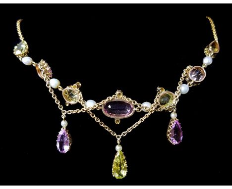 A pretty late 19thC pink topaz diamond, natural pearl and chrysolite necklace, c1890, the front set to the centre with an ova
