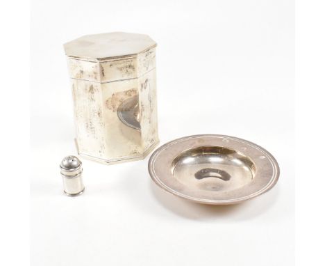 A collection of hallmarked silver items to include a caddy, trinket dish and pepper shaker. The caddy being of octagonal form