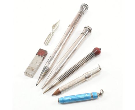 A collection of Silver, white metal and silver plate propelling pencils and items. To include a white metal AF Art Deco blue 