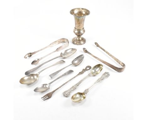 A collection of Georgian and later hallmarked silverware. The lot to include a pair of George III sugar tongs. Date letter D 