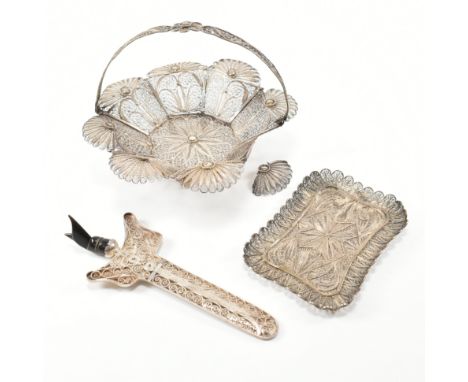 A collection of early 20th Century continental filigree objects. To include filigree basket AF with swing handle. The basket 