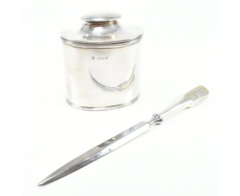 A George V hallmarked silver tea caddy with vintage hallmarked silver letter opener. The Georgian tea caddy being of oval for