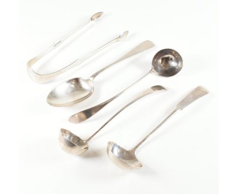 A collection of Scottish provincial silver items. To include silver sugar tongs having Scottish provincial mark attributed to
