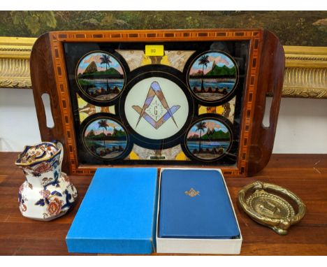 A Brazilian Masonic butterfly wing tray with inlaid wooden frame, Masonic compass and set square insignia to centre surrounde