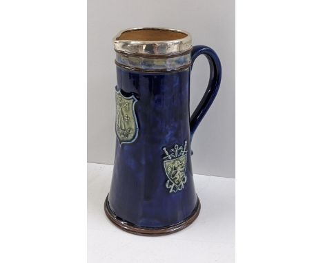 A Royal Doulton stoneware presentation jug, cobalt blue glaze, with applied green glaze shields, 'B S A Shooting Cup', silver