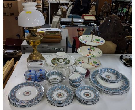 Ceramics to include a Wedgwood Florentine pattern dinner service, a sardine dish, a brass oil lamp and other items, Location: