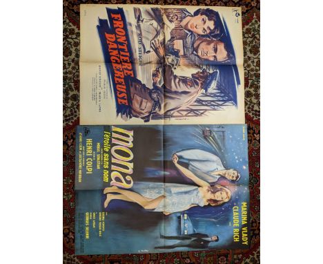 Seven vintage French film posters folded, to include Mona - l'etoil sans nom, Frontiere Dangereuse, Mel Brooks - Blazing Sadd