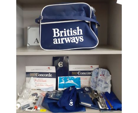 British Airways and Concorde related items circa 1970's to include certificates, cutlery, glasses and a branded cabin bag. Lo