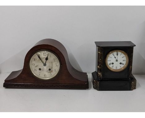 Two early 20th clocks to include a black slate marble mantle clock and one other, Location: 