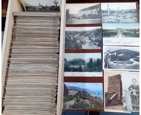 A quantity of vintage postcards in 2 wooden boxes, mainly Austrian historic buildings and villages Circa 1910-mid 20th Centur