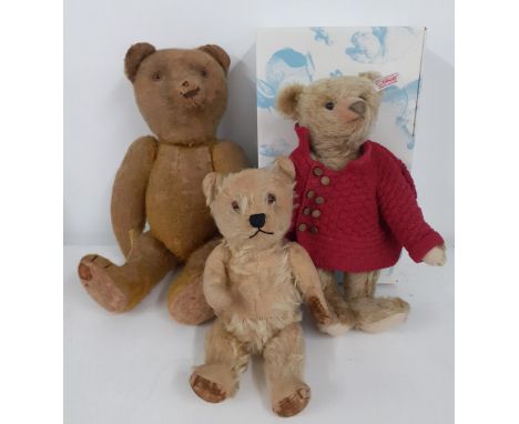Three vintage teddy bears to include a Steiff with a red jumper, Location: RAB