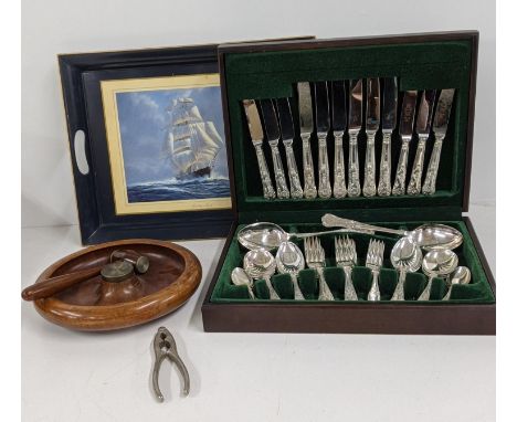 A canteen of cutlery for six, together with a nut cracker bowl and hammer and tray depicting a ship, Location: 
