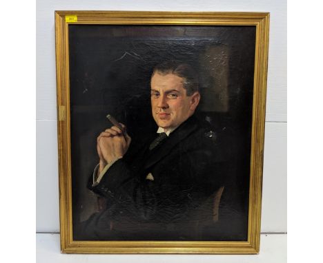 20th century British School - a half length portrait of a gentleman with a cigar, oil on canvas signed indistinctly, Location