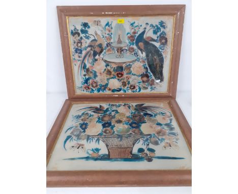 Two Continental reverse paintings on glass depicting peacocks in a garden scene and flowers in a planter, framed, 60cm x 45cm