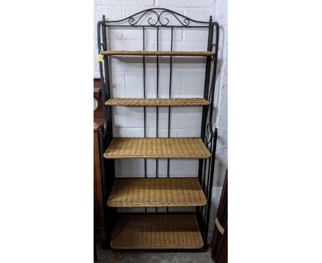 A contemporary wrought iron framed five-shelf folding shelf unit with cane shelves 184cm x 80.5cm x 40,5cm Location: 