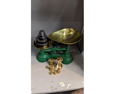 A set of Librasco vintage, green painted scales with weights 