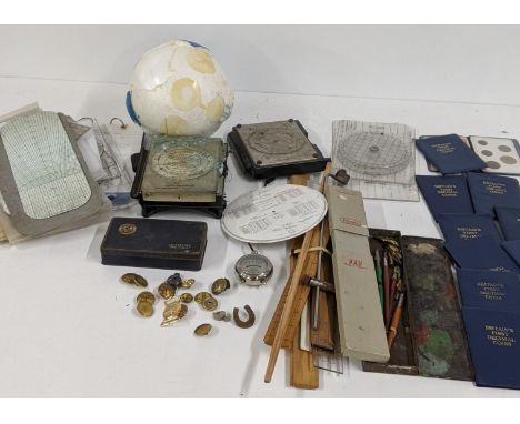 A mixed lot to include a group of Britain's first Decimal coins, together with two WWII RAF navigation computers and other it