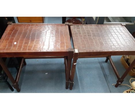 A pair of hardwood and faux crocodile topped lamp tables. Location:A2M 