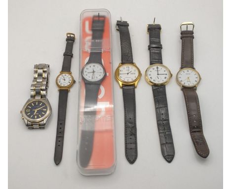 Mixed gents watches to include a Seiko Kenetic, a gents Rotary manual wind wrist watch, on a leather strap, a Swatch watch wi