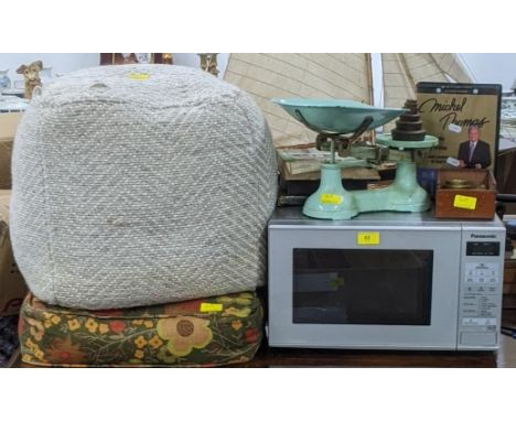 A mixed lot to include a Panasonic 800w microwave, vintage weighing scales with various brass weights and others, along with 