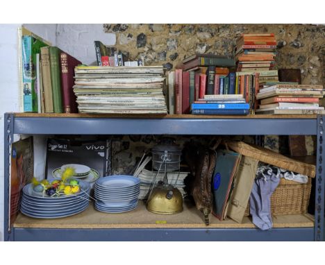 A mixed lot of books, LPs magazines and other items to include a wicker basket containing various fabrics, a Tilley lamp, woo