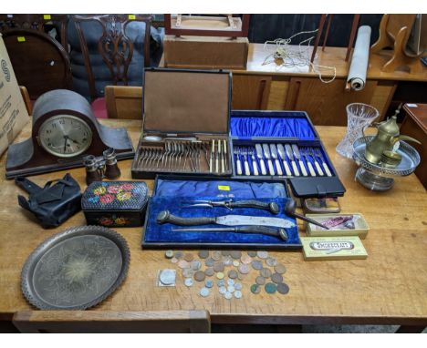 A mixed lot to include cased cutlery sets and a horn handled carving set with silver bands, Sheffield 1912, binoculars, vinta