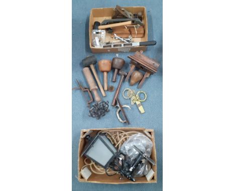 A quantity of vintage treen and other tools to include woodworking hammers together with a vintage porch light and door hardw