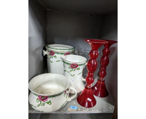 A Stomer &amp; Co 'Bisto' china wash set, pair of ruby glass candlesticks, and a Shannon crystal glass ice bucket/vase Locati