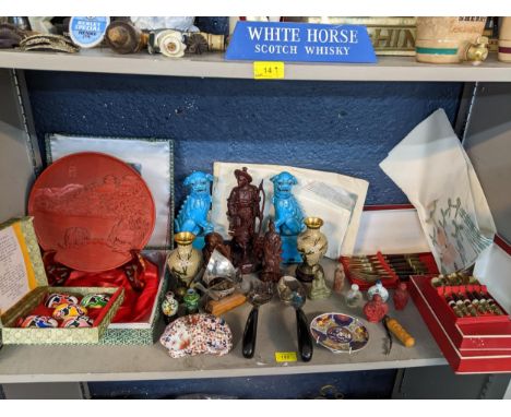 A mixed lot of oriental items to include a boxed red Cinnabar carved lacquered plate on wooden stand, a pair of turquoise gla