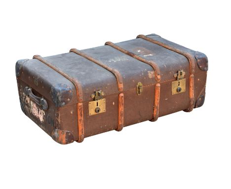 A vintage bentwood steamer trunk,&nbsp;of typical form, stamped 'H E Johnston', opening to reveal inner tray, 37in. (94cm.) l