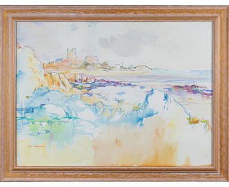 Eric Lionel Walker (Jersey, b.1941), Rocks and Forts, St. Aubin watercolour and conte crayon, signed lower left, wooden frame