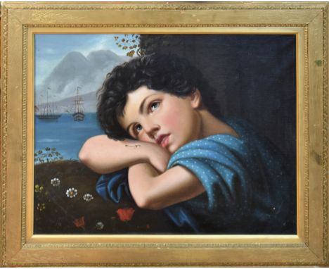Italian School (19th century), Portrait of a wistful young girl, a landscape beyond with anchored ships and mountains oil on 