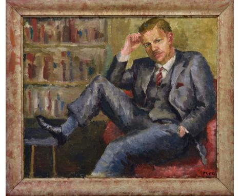 Perpetua McNaughton Pope (Scottish, 1916-2013), Portrait of a gentleman, John McLennan Spittal, seated upon a red armchair oi