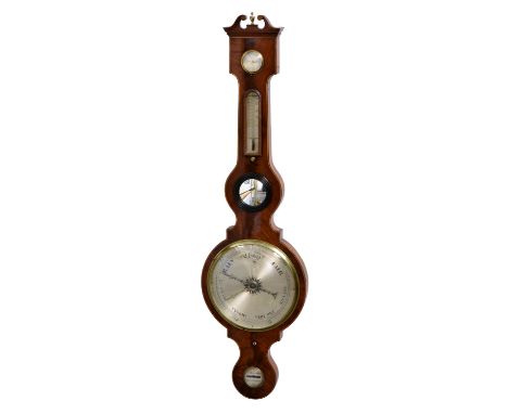 A George IV boxwood strung mahogany wheel barometer by P. Guarnerio of Huntingdon, with brass finial to swan neck pediment, w