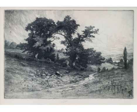 Charles Frederick William Mielatz (American, 1864-1919), Figures on a country road, etching, signed in pencil, signed to plat