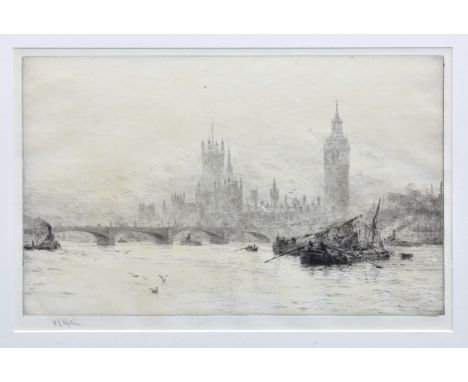 William Lionel Wyllie (British, 1851-1931), 'Thames at Flood Tide', etching, signed lower left, 9½ x 14 3/8in. (24.1 x 36.5cm