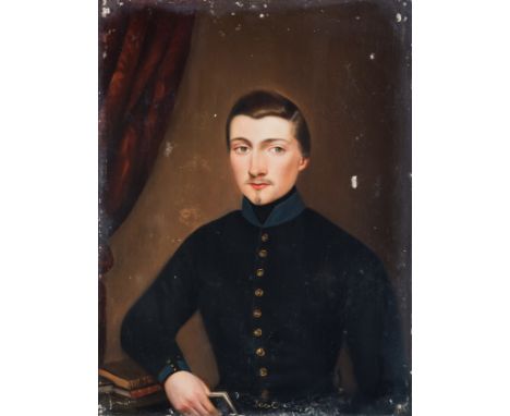 French School (late 19th century), Portrait of a young man in a black jacket, holding a book oil on canvas, unsigned, unframe