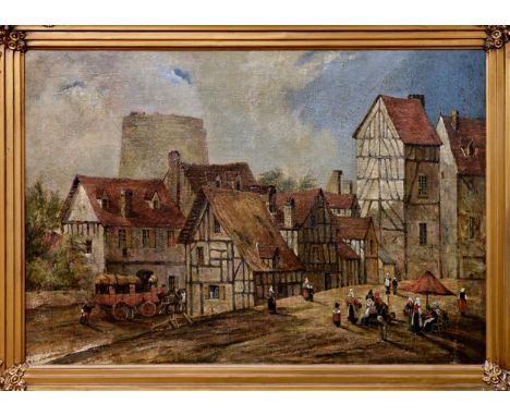 Continental, late 19th century, Dutch townscape oil on panel, unsigned 22 x 32in. (55.8 x 81.2cm.) *Pronounced cupping. Varni