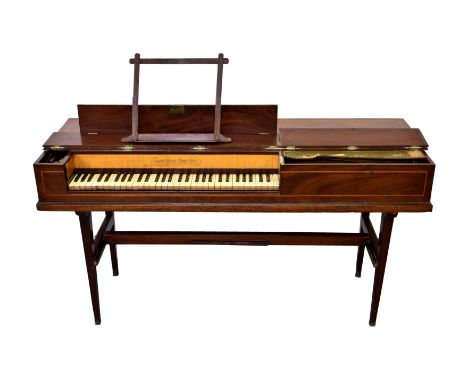 A George III inlaid mahogany square piano by George Clark of London, the boxwood and ebony strung case with split hinged lid 