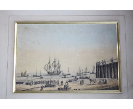 R. Pillans (British, Norfolk School, first half 19th century), 'Yarmouth Jetty with figures' watercolour, inscribed to label 