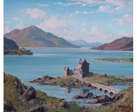 attributed to Kathleen Barbara Russell (Scottish, b.1940), Eilean Donan Castle overlooking Loch Alsh oil on board, signed 'K.