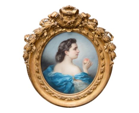 Alphonse Muraton (French, 1824-1911), Portrait of a young woman holding a peach oval pastel, signed centre right 'A Muraton' 