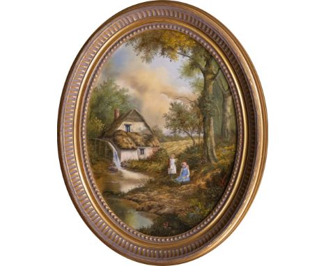 Peter A. Kotka (Polish, b.1951), Picking Flowers by the Mill Stream  Oil on panel, signed "Peter A. Kotka" lower right Oval 1